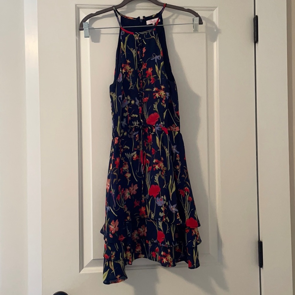 Navy floral Parker dress with corset front detail.